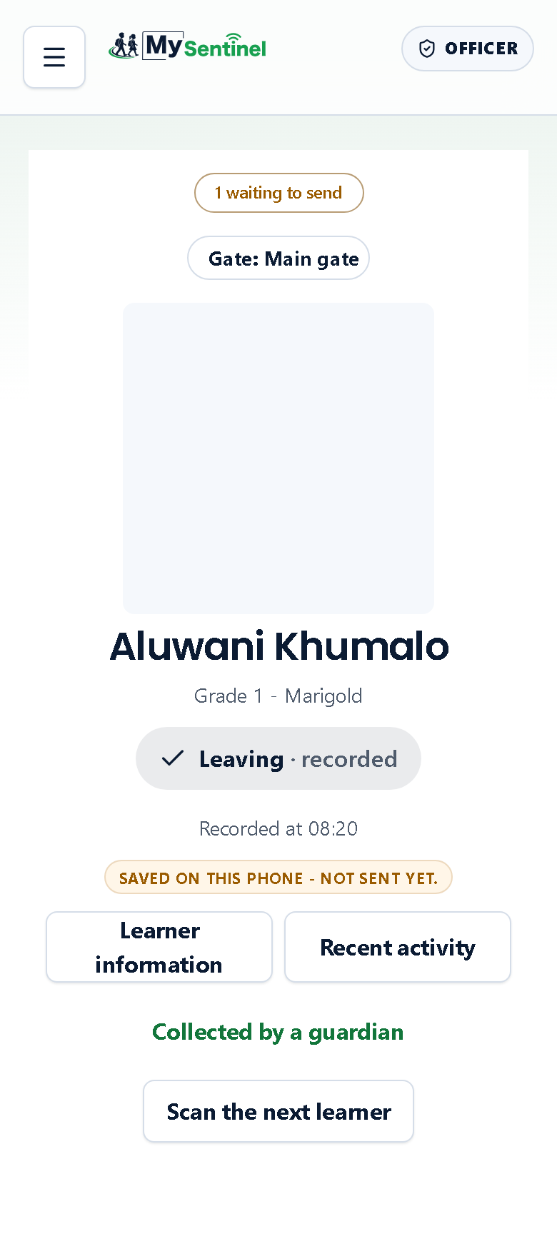 The receipt after a scan. The check-in is already recorded — this screen is telling you what happened, not asking you what to do.