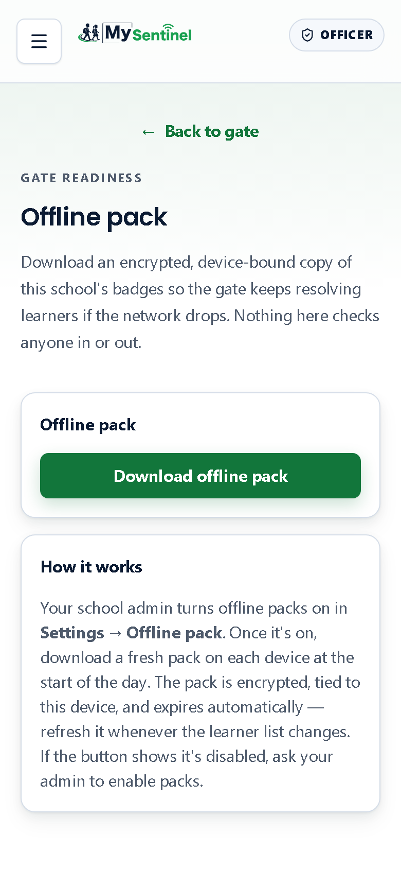 The offline pack screen. One button does the work; the panel underneath explains what the pack is for.